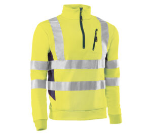 SUDADERA BANDAS REFLECTANTES 3M®. AMARILLO CON DETALLES MARINO EN LOS LATERALES.  (COD.:HV790)