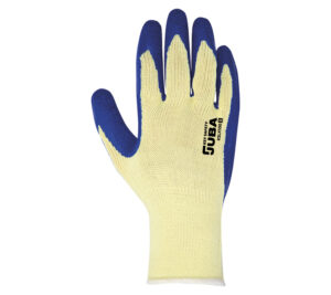 GUANTE  POLIÉSTER SIN COSTURAS RECUBIERTO LÁTEX RUGOSO, AMARILLO/AZUL  (COD.:KSLX100)